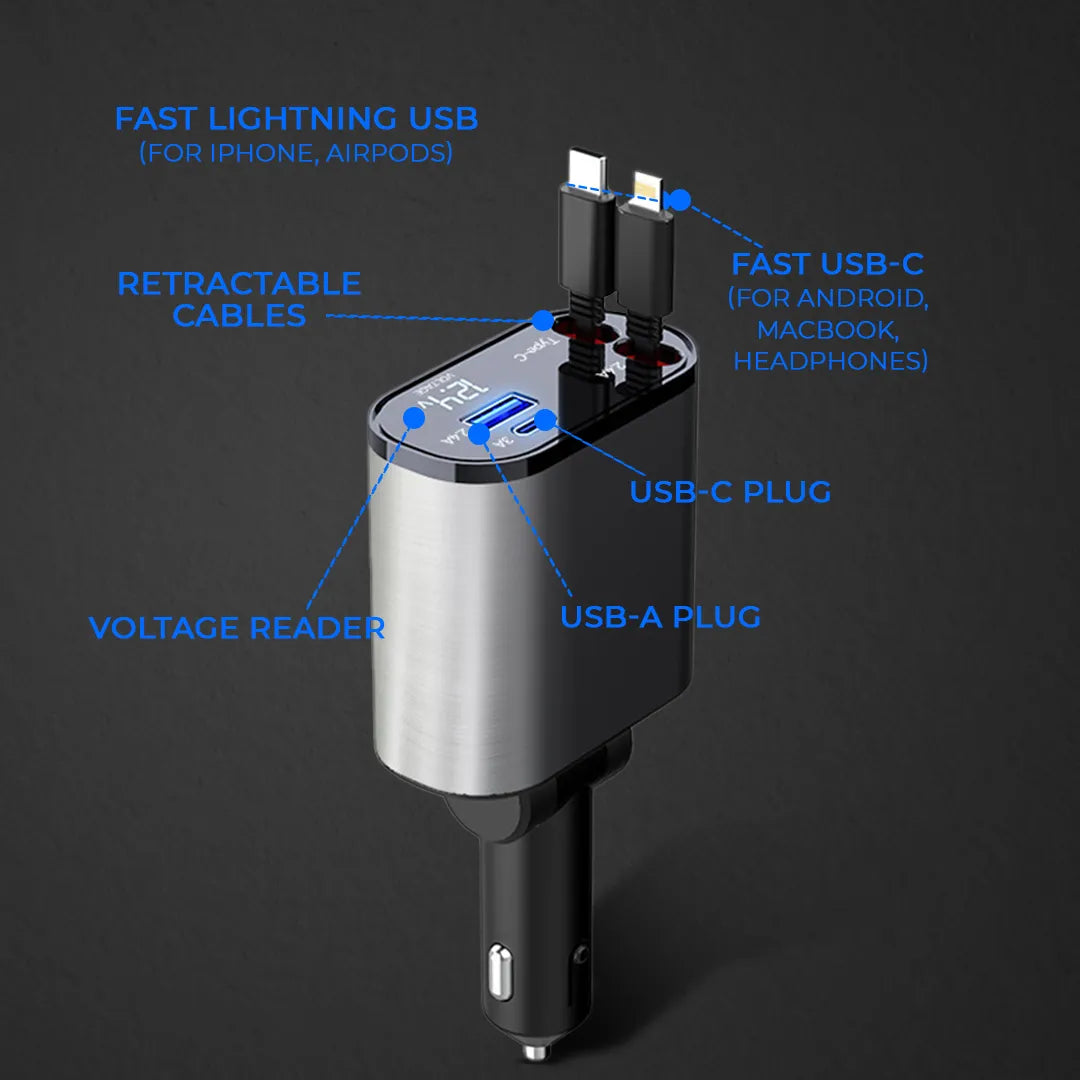 Premium Multi-Port Car Charger with Retractable Cables