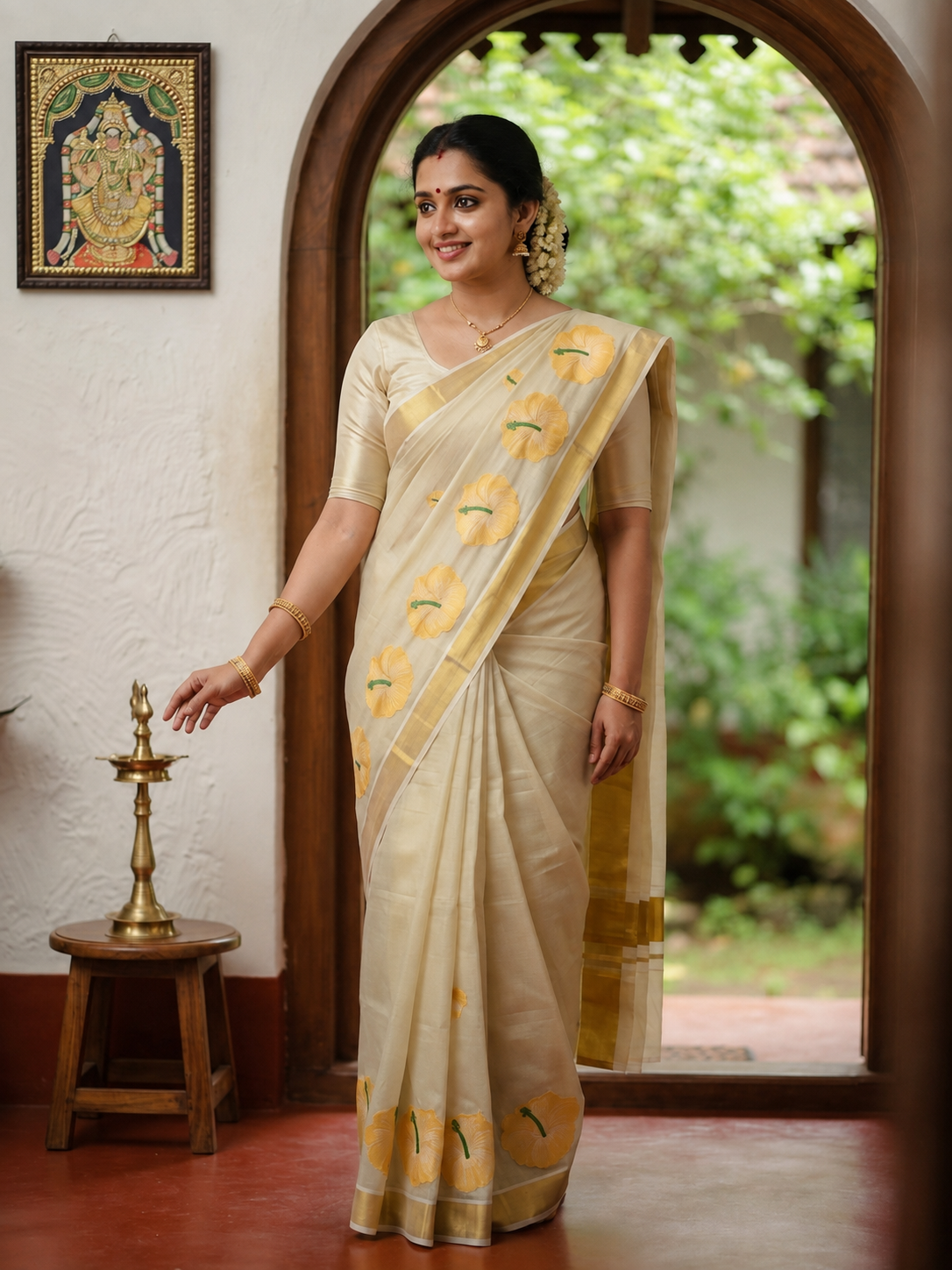 GOLDEN HIBISCUS TISSUE SAREE