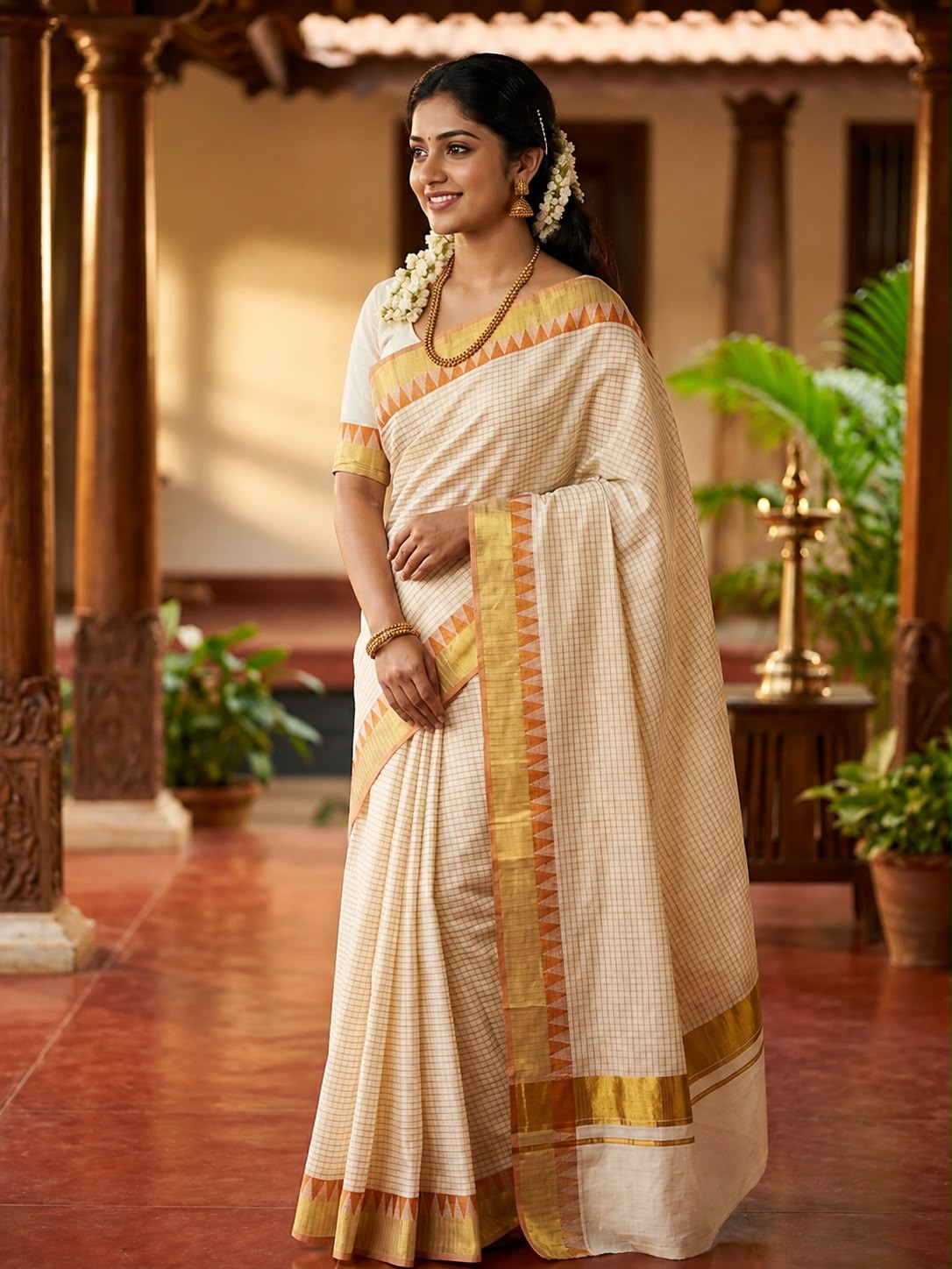 IVORY TISSUE SAREE WITH TEMPLE BORDER