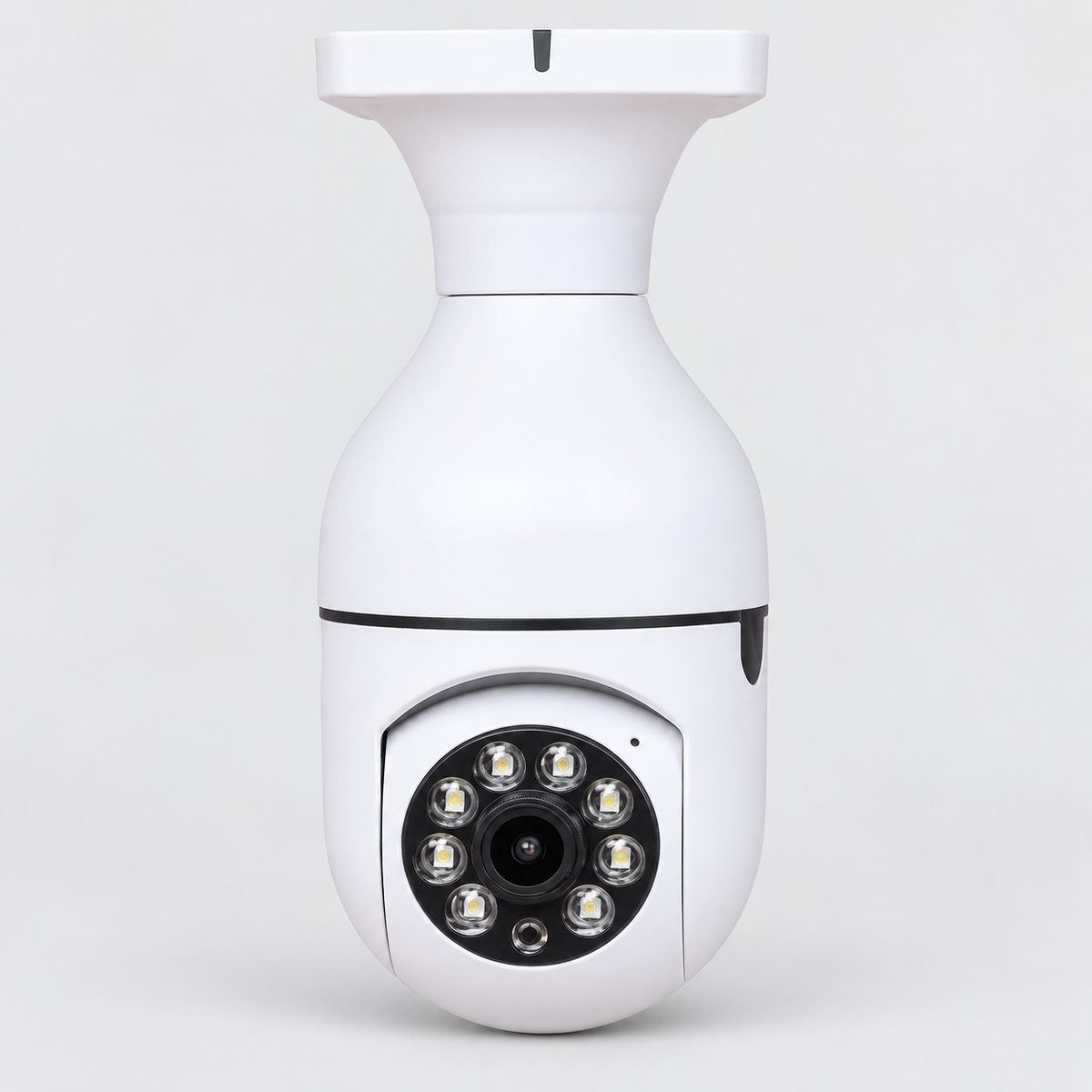 White bulb-style security camera with a black circular camera face